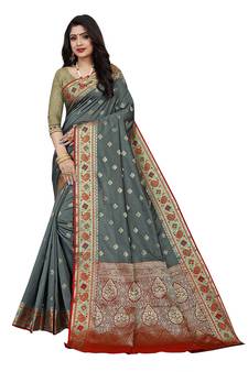 Grey woven silk saree with blouse