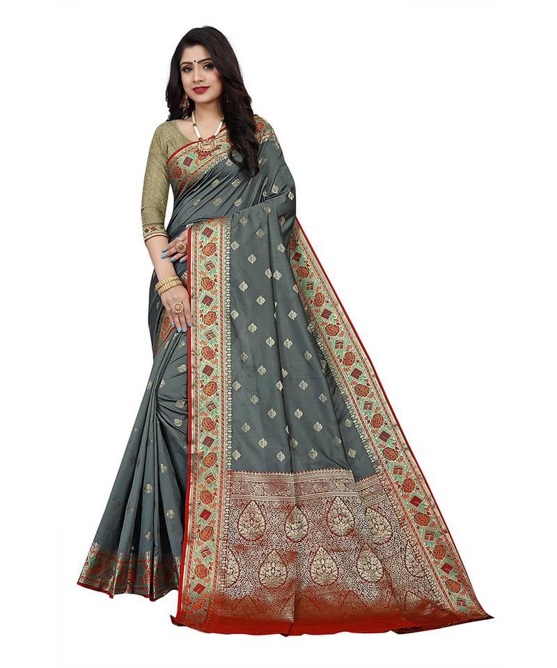 Grey woven silk saree with blouse