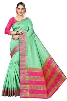 Woven Banarasi Silk Blend, Cotton Blend Light green color Saree with blouse 1
