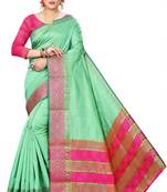 Woven Banarasi Silk Blend, Cotton Blend Light green color Saree with blouse