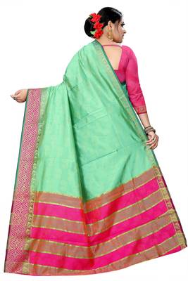 Woven Banarasi Silk Blend, Cotton Blend Light green color Saree with blouse 2