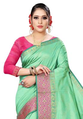 Woven Banarasi Silk Blend, Cotton Blend Light green color Saree with blouse 3