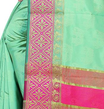 Woven Banarasi Silk Blend, Cotton Blend Light green color Saree with blouse 4