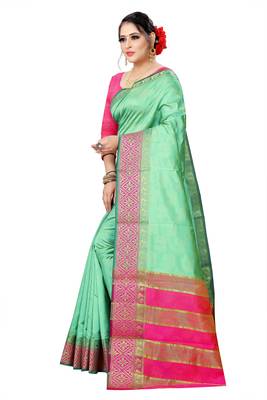 Woven Banarasi Silk Blend, Cotton Blend Light green color Saree with blouse 5