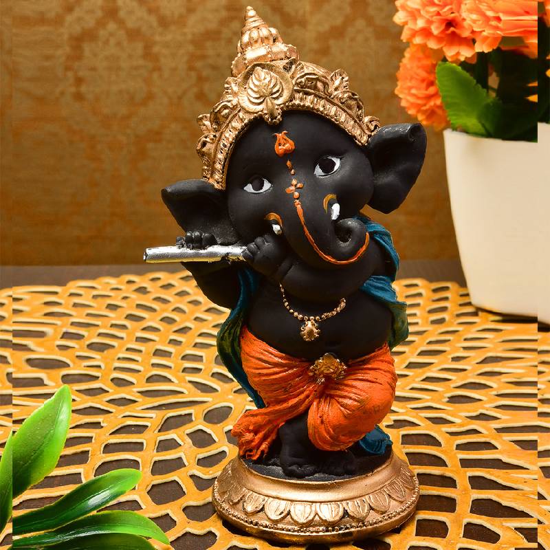 Karigaari Playing with Bansuri Black Ganesha Ganpati Idol for Office