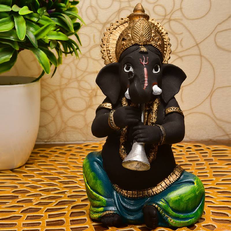 Karigaari Playing with Music Instrument Black Ganesha Ganpati Idol for Office