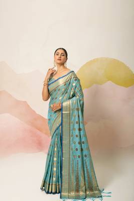 Sky blue woven silk saree with blouse 1