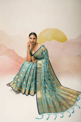 Sky blue woven silk saree with blouse 3