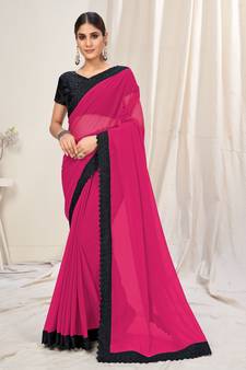 Pink plain georgette saree 
