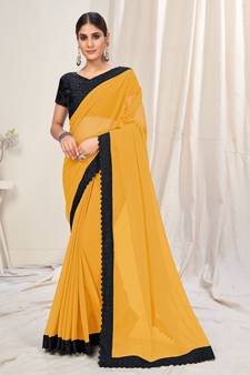 Yellow plain georgette saree 