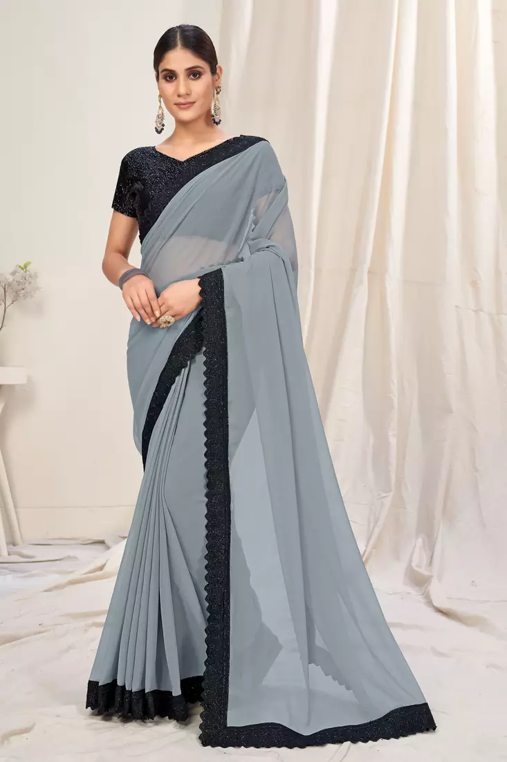Grey plain georgette saree 
