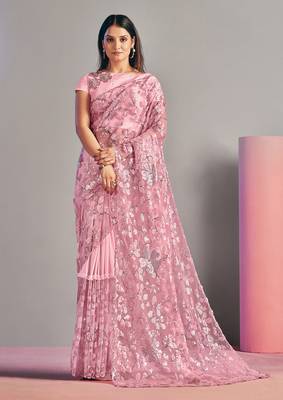 Pink embroidered lycra saree with blouse 1