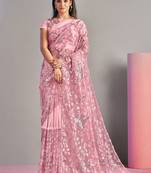 Pink embroidered lycra saree with blouse
