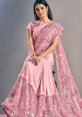 Pink embroidered lycra saree with blouse 3