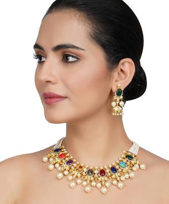 Gold Plated Multi Color Kundan Polki Necklace Set 1