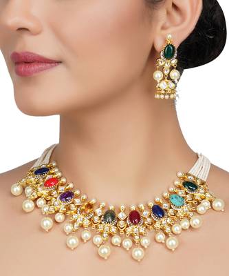 Gold Plated Multi Color Kundan Polki Necklace Set 2