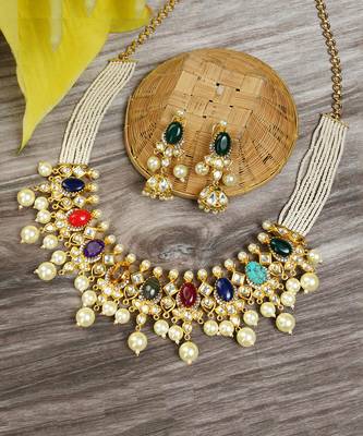 Gold Plated Multi Color Kundan Polki Necklace Set 3