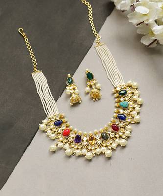 Gold Plated Multi Color Kundan Polki Necklace Set 4