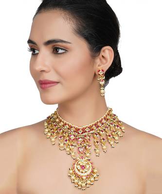 Gold Plated Kundan Polki Red Necklace Set 1