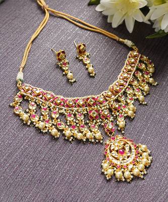 Gold Plated Kundan Polki Red Necklace Set 2
