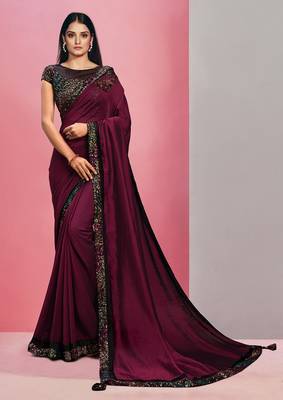 Wine embroidered georgette saree with blouse 1