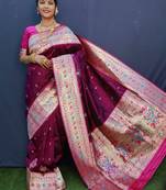 Wine Woven Paithani Silk Blend Saree With Blouse