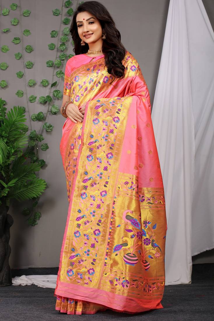 Pink woven paithani silk saree with blouse