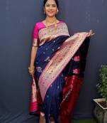 Navy Blue Woven Paithani Silk Blend Saree With Blouse