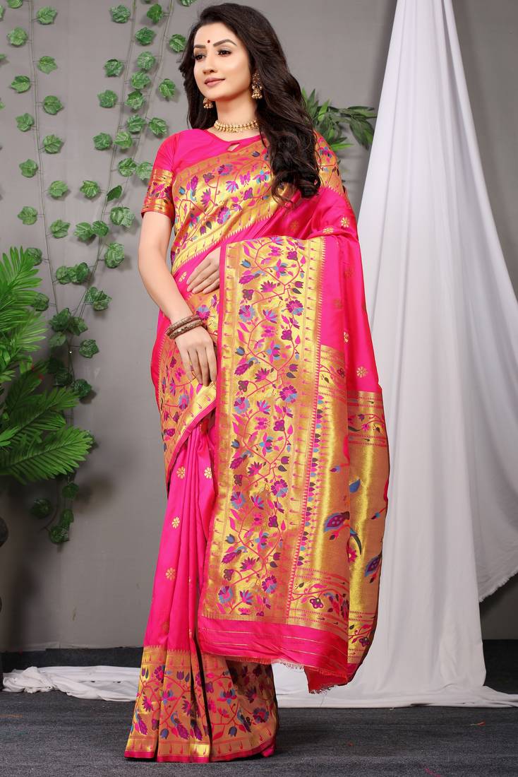 Pink woven paithani silk saree with blouse