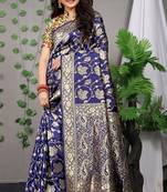 Navy Blue Woven Paithani Silk Blend Saree With Blouse