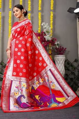 Red woven paithani silk saree with blouse 1