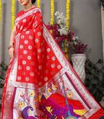 Red woven paithani silk saree with blouse