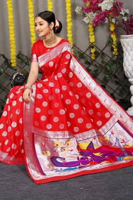 Red woven paithani silk saree with blouse 2