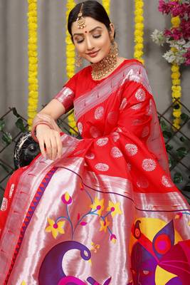 Red woven paithani silk saree with blouse 3