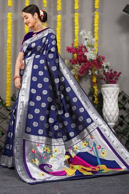 Navy blue woven paithani silk saree with blouse 1
