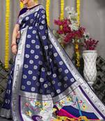 Navy blue woven paithani silk saree with blouse