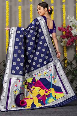 Navy blue woven paithani silk saree with blouse 2
