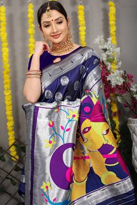 Navy blue woven paithani silk saree with blouse 3