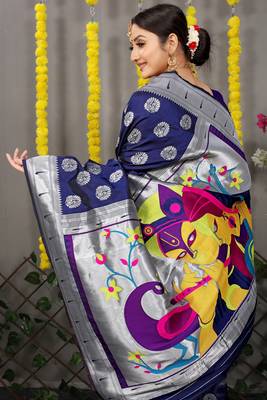 Navy blue woven paithani silk saree with blouse 4