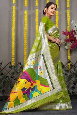 Green woven paithani silk saree with blouse 2