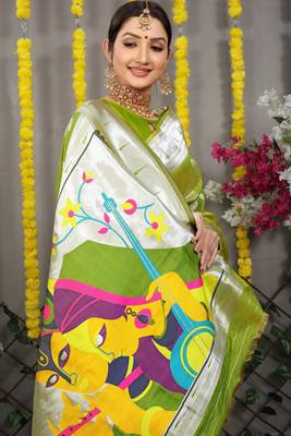 Green woven paithani silk saree with blouse 3