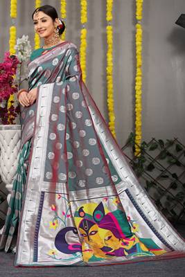 Teal woven paithani silk saree with blouse 1