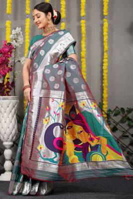Teal woven paithani silk saree with blouse 2