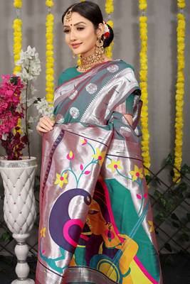 Teal woven paithani silk saree with blouse 3