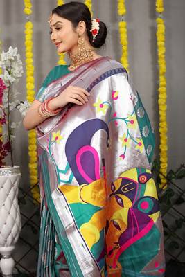 Teal woven paithani silk saree with blouse 4