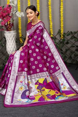 Wine woven paithani silk saree with blouse 2