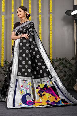 Black woven paithani silk saree with blouse 1