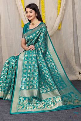 Turquoise Woven Patola Saree With Blouse 2