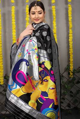 Black woven paithani silk saree with blouse 4