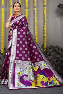 Magenta woven paithani silk saree with blouse 1